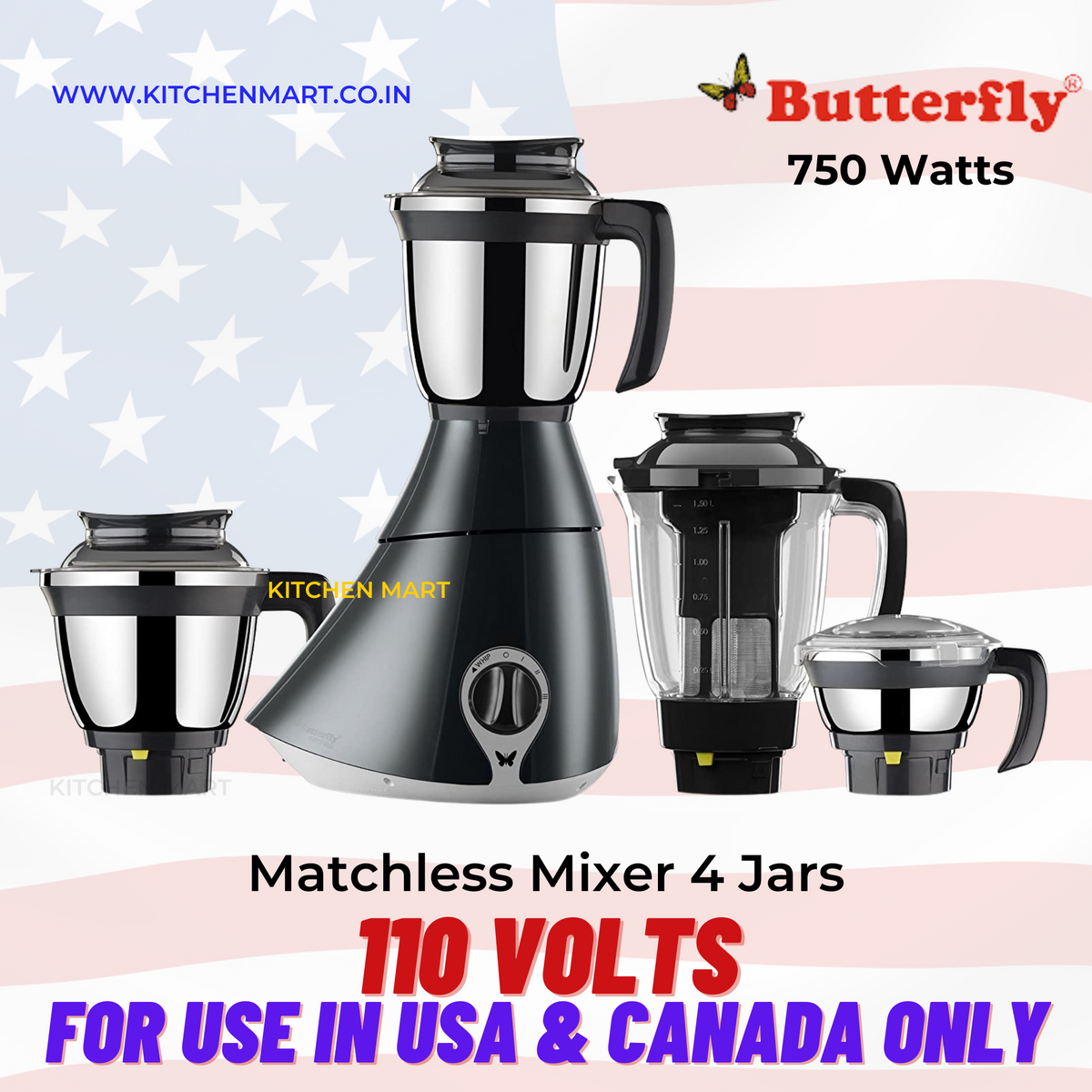Butterfly Matchless Mixer Grinder, 750W, 4 Jars (120 Volts, For use in USA &amp; Canada Only)