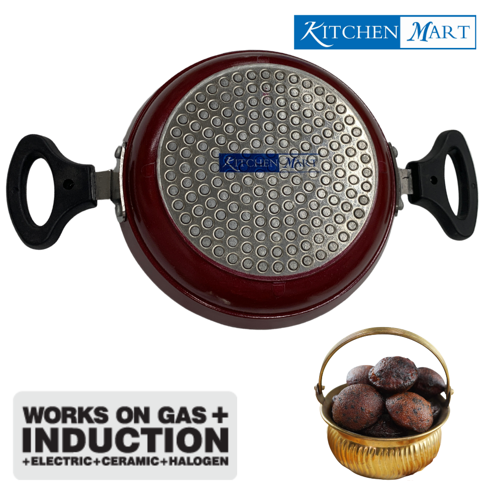 Kitchen Mart Non Stick Induction Base Paniyaram Pan 18 cms with 7 Holes (With Handles & steel lid)