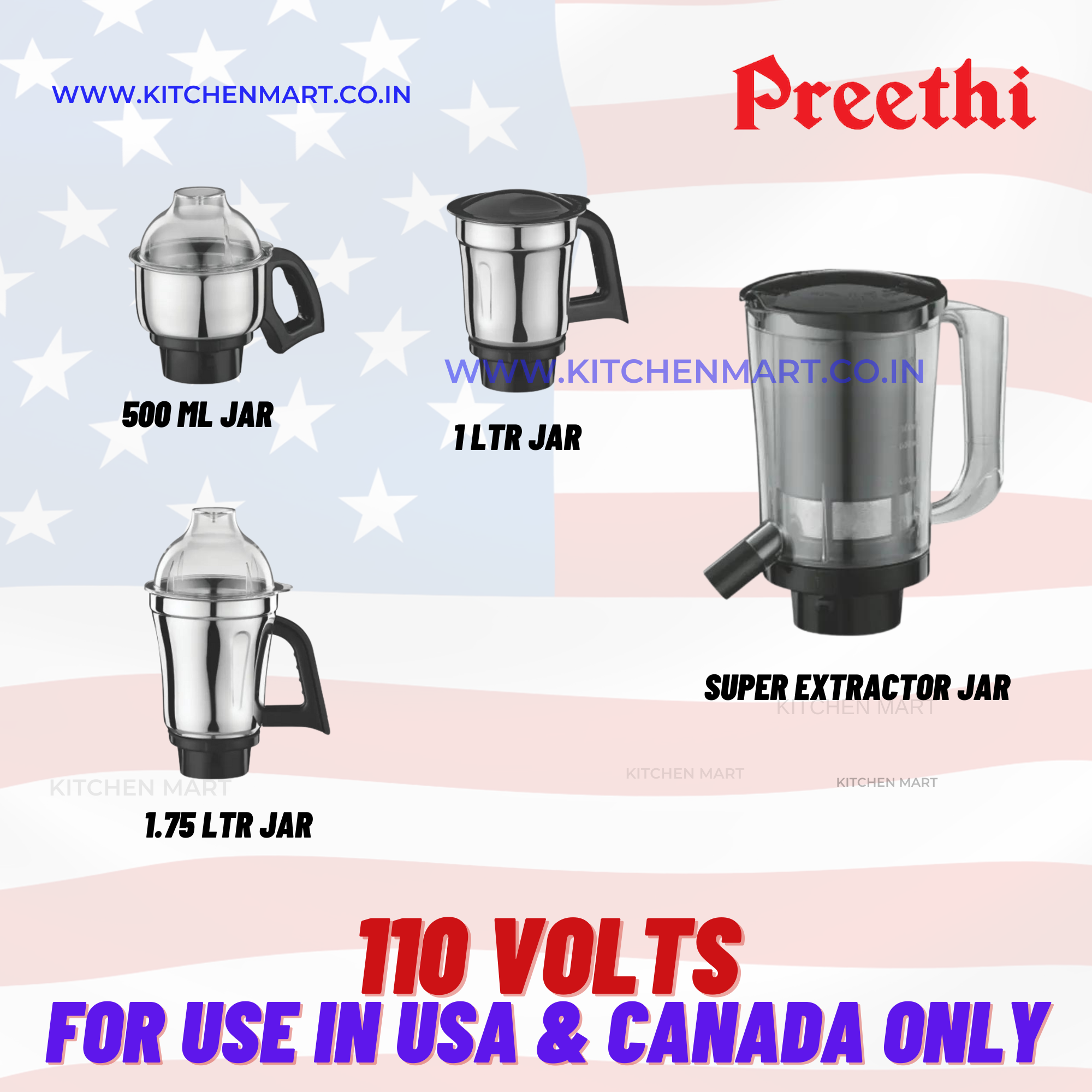 Preethi Zodiac BLACK  550-Watt Mixer Grinder with 5 Jars (110 Volts for use in USA & Canada only)