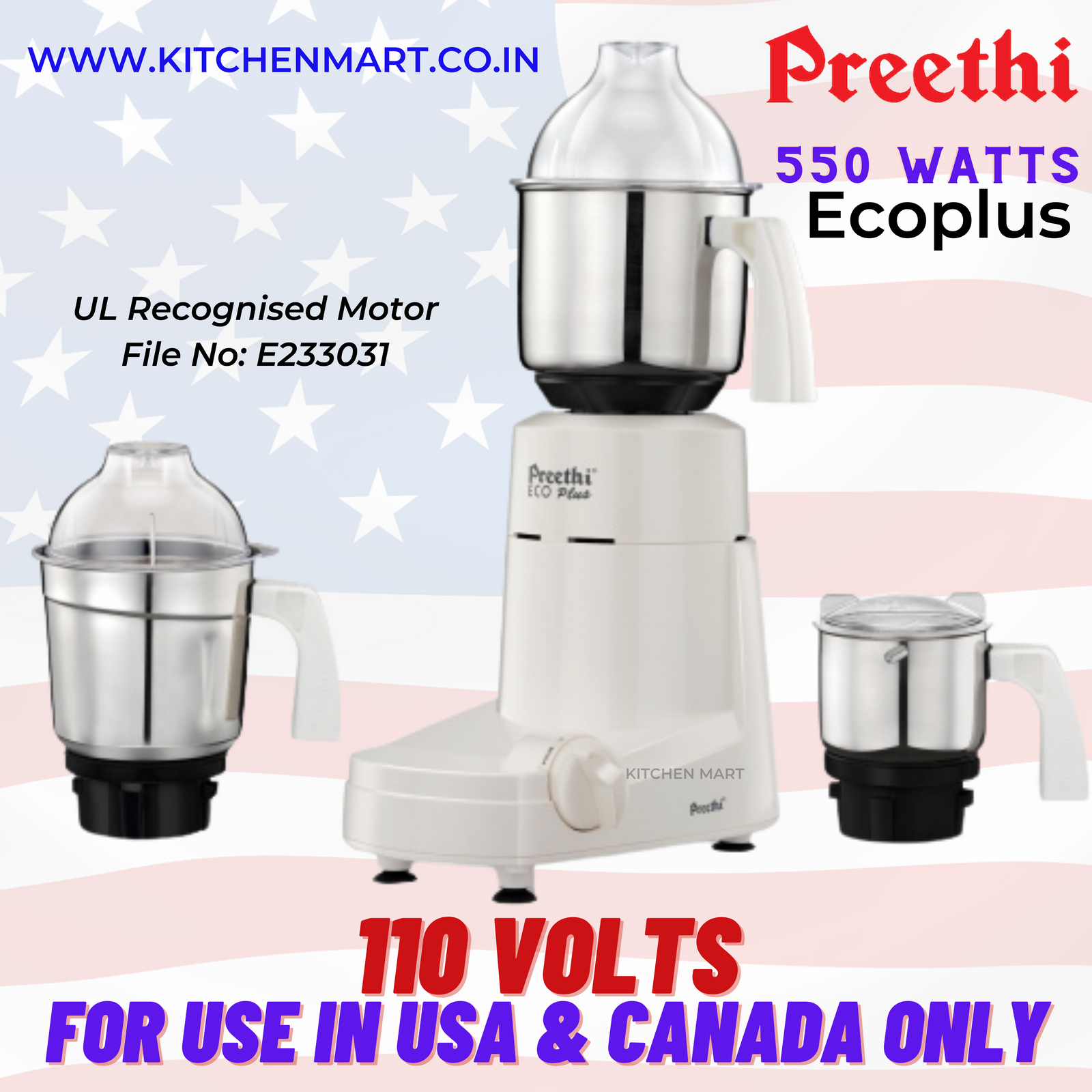Preethi Eco Plus 550-Watt Mixer Grinder (110volts for use in USA & Canada)