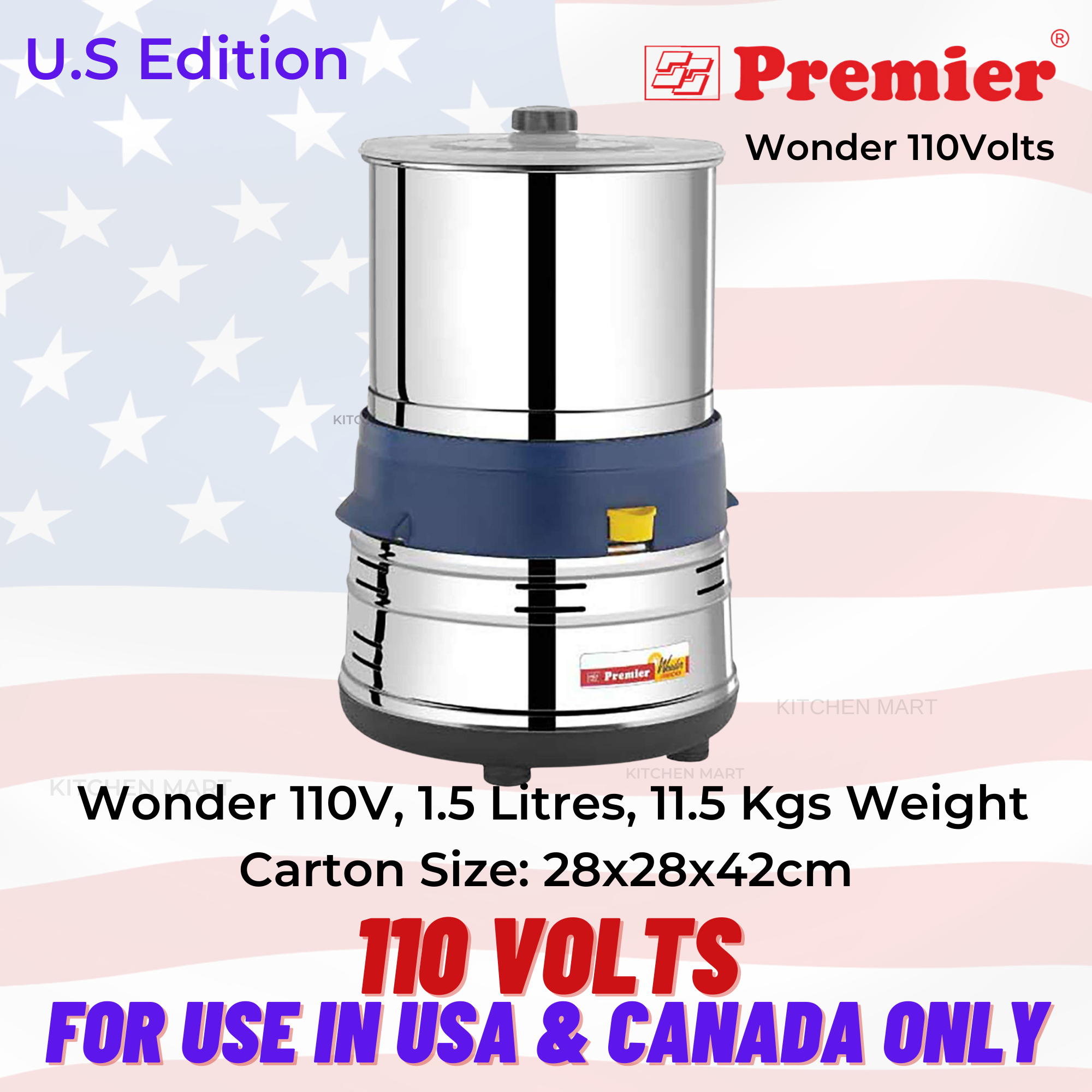 PREMIER Wonder Table Top Wet Grinder, 110 volts for use in USA & Canada only