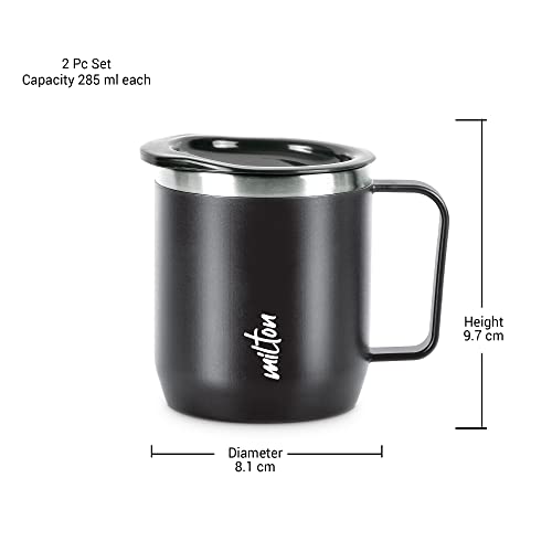 MILTON Star Gift Set, Double Walled Stainless Steel Mug with Lid, Set of 2, 285 ml Each, Black