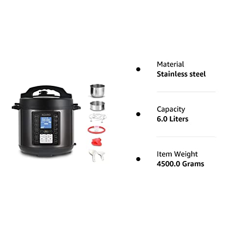 AGARO Imperial Electric Pressure Cooker, 6 litre, 14 Pre-Set multi Cooking Functions, Adjustable Pressure, Timer, Stainless Steel Pot, Pressure Cook, Slow Cook, Saute & More, Black, Outer Lid