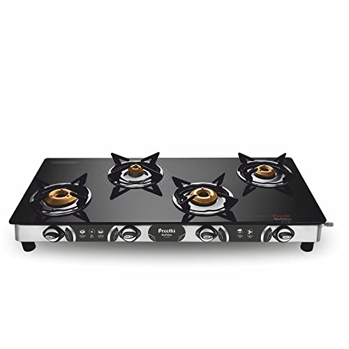 Preethi Blu-Flame Stainless Steel Jumbo Max Glass Top LPG Gas Stove with 4 Burner (ISI Certified), GTS 118