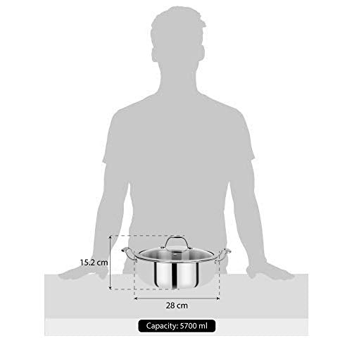 BERGNER Hitech Triply Stainless Steel Non Stick Serving Pan With Glass Lid, 28 cm, 5.7 Litres, Induction Base, Food Safe (PFOA Free)