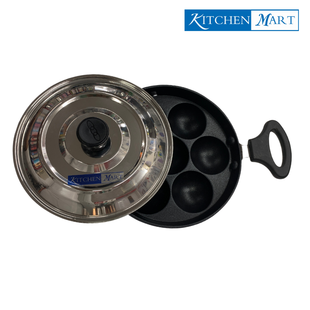 Kitchen Mart Non Stick Induction Base Paniyaram Pan 18 cms with 7 Holes (With Handles & steel lid)