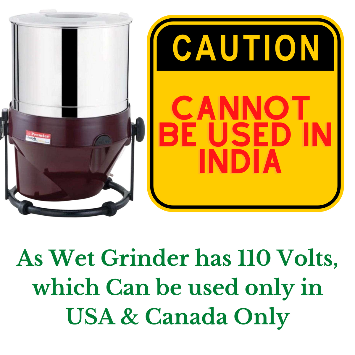 Premier Lifestyle Wet Grinder (Multicolor) 110 volts for use in USA & Canada Only