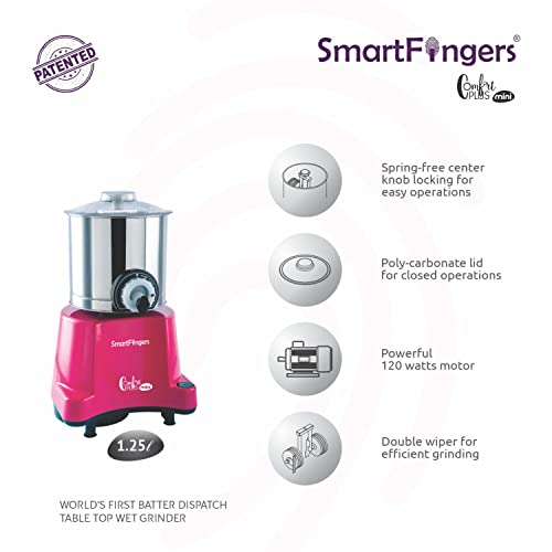SmartFingers Comfort Plus Mini Table Top Wet Grinder, 1.25 Liter, Pink
