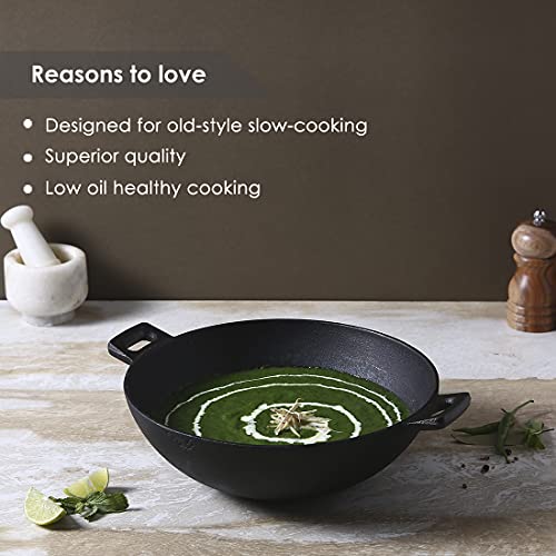 Wonderchef Forza Cast-Iron Kadhai, Pre-Seasoned Cookware, Induction Friendly, 24cm, 1.9L, 3.8mm