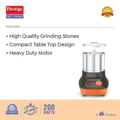 Prestige Vertical Wet Grinder 1.5 Ltrs with Stainless Steel Drum 200 W (Black & Orange)