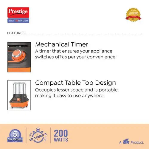 Prestige Vertical Wet Grinder 1.5 Ltrs with Stainless Steel Drum 200 W (Black & Orange)