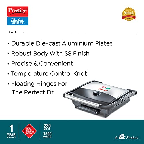 Prestige PEG 1.0 Electric Grill 1500 W with Detachable Oil Collector (Silver and Black)