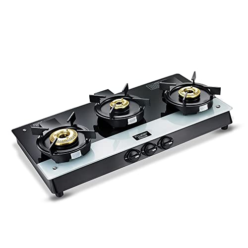 Prestige Svachh Duo GTSD 03 Toughened Glass with Liftable 3 Burners Gas Stove, Black, Manual Ignition