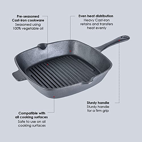 Wonderchef Forza Cast-Iron Grill Pan, Pre-Seasoned Cookware, Induction Friendly, 26cm, 3.8mm