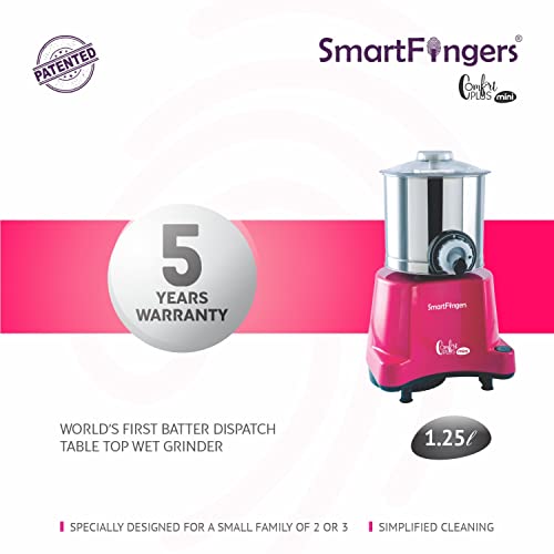SmartFingers Comfort Plus Mini Table Top Wet Grinder, 1.25 Liter, Pink