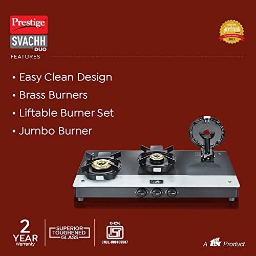 Prestige Svachh Duo GTSD 03 Toughened Glass with Liftable 3 Burners Gas Stove, Black, Manual Ignition