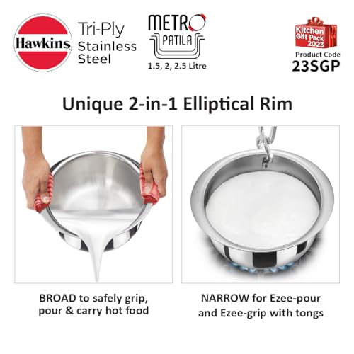 Hawkins Kitchen Gift Pack 2023 (23SGP) – 3-Piece Set (1.5L, 2L, 2.5L) Tri-Ply Stainless Steel Patila, Tope, Bhagona, Tapeli