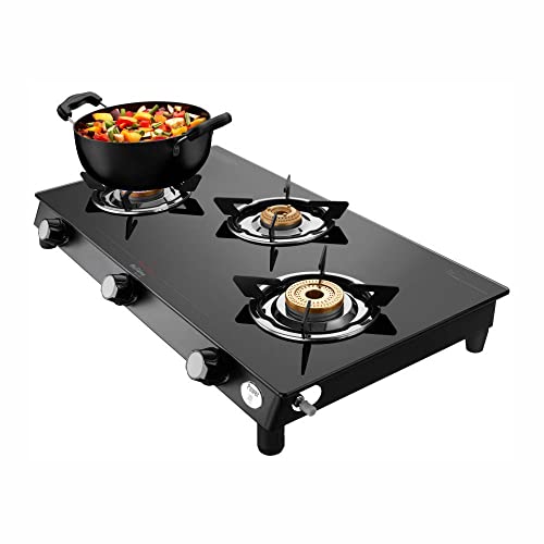Preethi Bluflame Sparkle Power Duo 3 Burner Glass top Gas Stove with Power Burner and Swirl flame technology, saves gas and cooks faster, Manual Ignition, Black