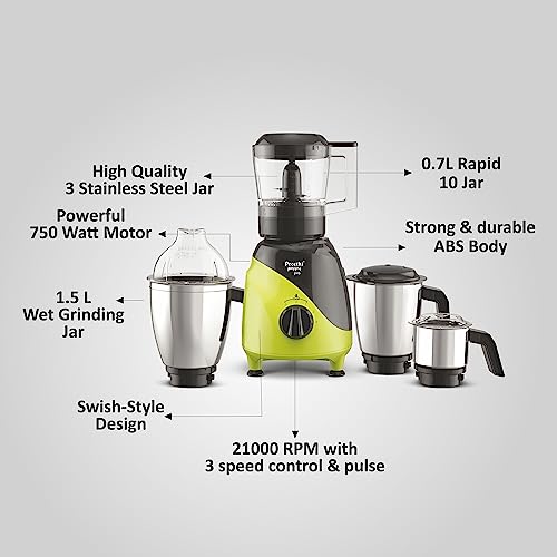 Preethi Peppy Pro MG 247 - 750W, 4 Jars, Unique Rapid 10 Chopping Jar, Dual Colour Swish Design, Green/Black, 5 Yr Motor Warranty, Lifelong Free Service