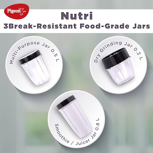 Pigeon by Stovekraft 900 Watts Nutri Mixer with 3 Food Grade Jars || Smoothie/Juicer Jar 0.8 Litre|| Multipurpose Jar 0.5 Litre|| Dry Grinding Jar 0.2 Litre (Additional Sipper Cap Attachment), Silver