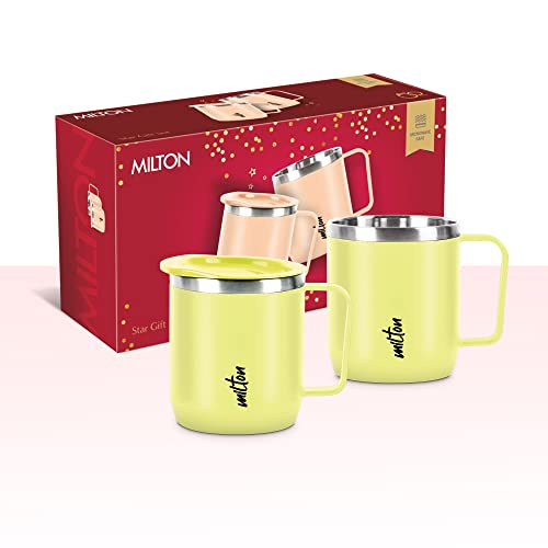 MILTON Star Gift Set, Double Walled Stainless Steel Mug with Lid, Set of 2, 285 ml Each, Yellow