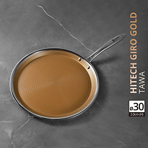 BERGNER Hitech Giro Gold Triply Stainless Steel Scratch Resistant Non Stick Tawa/Dosa Tawa, 30 cm, Induction Base, Food Safe (PFOA Free), 5 Years Warranty, Silver