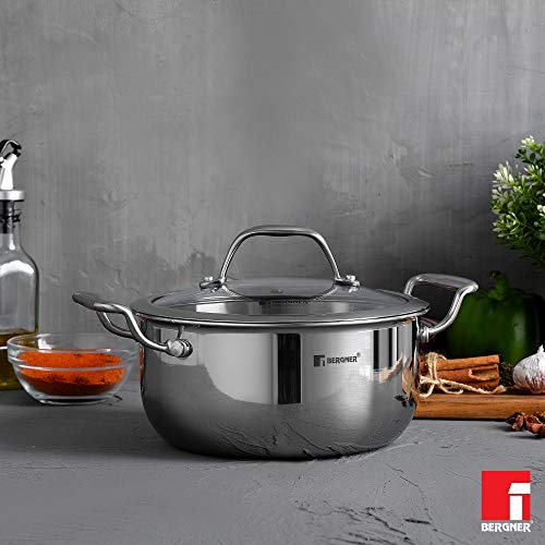 BERGNER Hitech Triply Stainless Steel Non Stick Serving Pan With Glass Lid, 28 cm, 5.7 Litres, Induction Base, Food Safe (PFOA Free)
