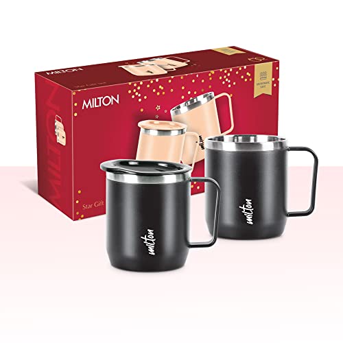MILTON Star Gift Set, Double Walled Stainless Steel Mug with Lid, Set of 2, 285 ml Each, Black