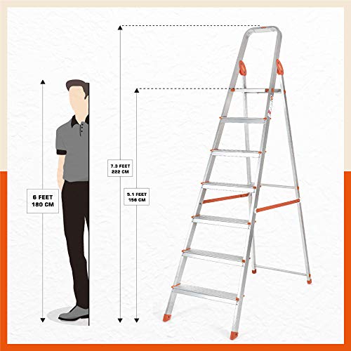 Bathla Advance 7-Step Foldable Aluminium Ladder with Sure-Hinge Technology (Orange)