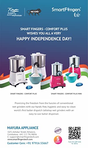 SmartFingers Comfort Plus Mini Table Top Wet Grinder, 1.25 Liter, Pink