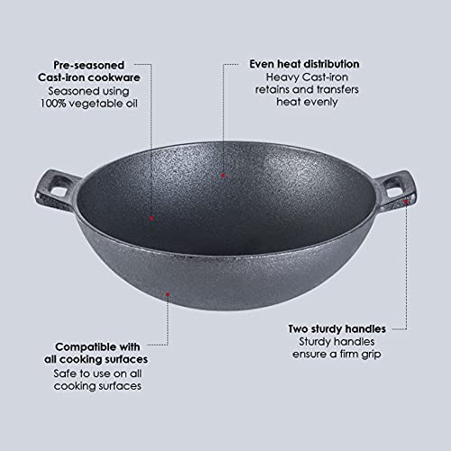 Wonderchef Forza Cast-Iron Kadhai, Pre-Seasoned Cookware, Induction Friendly, 24cm, 1.9L, 3.8mm