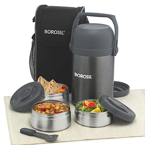 Borosil Hot-N-Fresh Stainless Steel Insulated Lunch Box, Set of (1pcs  350 ml 2pcs 420 ml), Grey