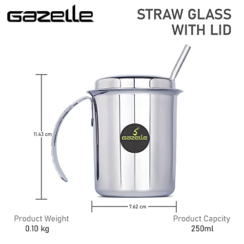 GAZELLE - Stainless Steel Glass with Straw for Kids | Sipper Glass with Lid Straw 90s Kids' Favourite Cup | Steel Glass for Kids Water Milk Juice | Steel Sipper Straw Tumbler for Kids 250ml