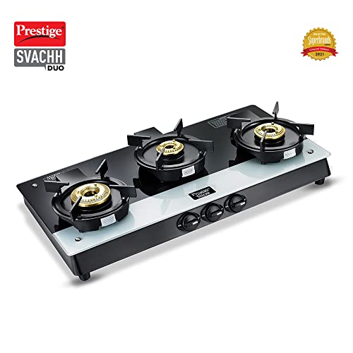 Prestige Svachh Duo GTSD 03 Toughened Glass with Liftable 3 Burners Gas Stove, Black, Manual Ignition