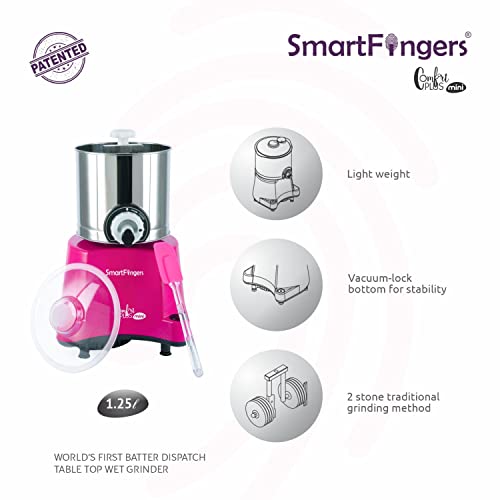 SmartFingers Comfort Plus Mini Table Top Wet Grinder, 1.25 Liter, Pink
