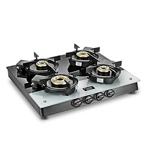Prestige Svachh Duo GTSD 04 SQ Toughened Glass with Liftable 4 Burners Gas Stove, Black, Manual Ignition