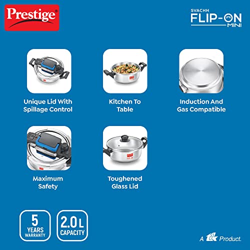 Prestige Svachh FLIP-ON Mini SS Pressure Cooker 18 cm-2 L with Glass Lid