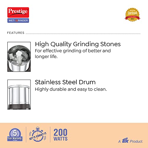 Prestige Vertical PVG 2.0 Wet Grinder with Stainless Steel Drum 200 W, 2 L