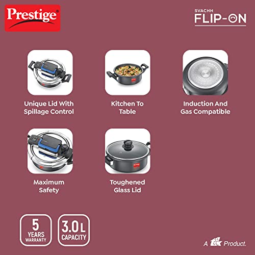 Prestige Svachh Flip-on Hard Anodised Pressure Cooker with Glass Lid, 3 Litre (Black)