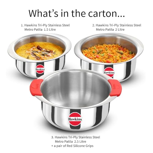 Hawkins Kitchen Gift Pack 2023 (23SGP) – 3-Piece Set (1.5L, 2L, 2.5L) Tri-Ply Stainless Steel Patila, Tope, Bhagona, Tapeli