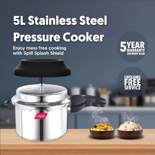 Preethi Stainless Steel Outer Lid 5 Litre Pressure Cooker with Spill Splash Shield For Zero Spill and Zero Splash (Induction Base)
