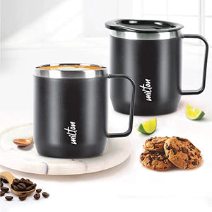 MILTON Star Gift Set, Double Walled Stainless Steel Mug with Lid, Set of 2, 285 ml Each, Black