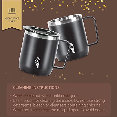 MILTON Star Gift Set, Double Walled Stainless Steel Mug with Lid, Set of 2, 285 ml Each, Black