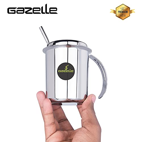 GAZELLE - Stainless Steel Glass with Straw for Kids | Sipper Glass with Lid Straw 90s Kids' Favourite Cup | Steel Glass for Kids Water Milk Juice | Steel Sipper Straw Tumbler for Kids 250ml