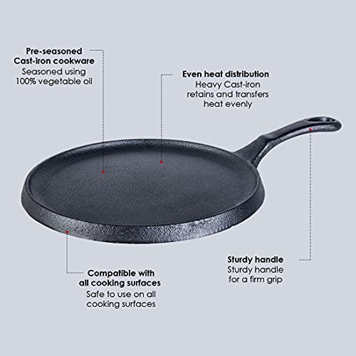 Wonderchef Forza Cast-Iron Dosa Tawa Pan, Pre-Seasoned Cookware, Induction Friendly, 25cm, 3.8mm