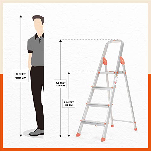 Bathla Advance 4-Step Foldable Aluminium Ladder with Sure-Hinge Technology (Orange)