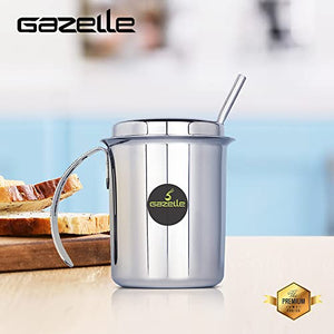 GAZELLE - Stainless Steel Glass with Straw for Kids | Sipper Glass with Lid Straw 90s Kids' Favourite Cup | Steel Glass for Kids Water Milk Juice | Steel Sipper Straw Tumbler for Kids 250ml