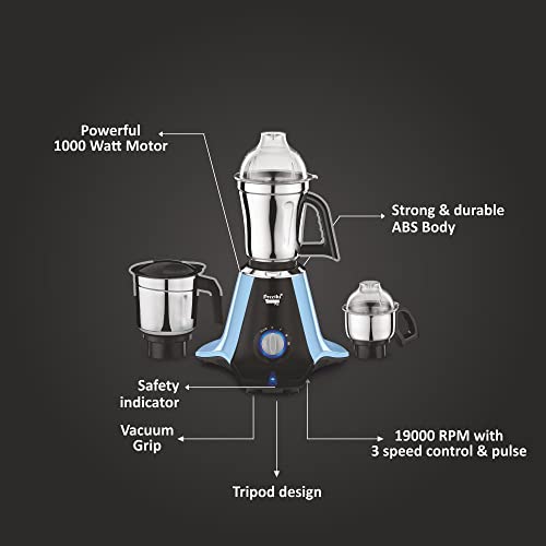 Preethi Taurus Pro MG-259 mixer grinder, 1000 watt, Blue-Black, 3 jars, 2yr Guarantee & Lifelong Free Service