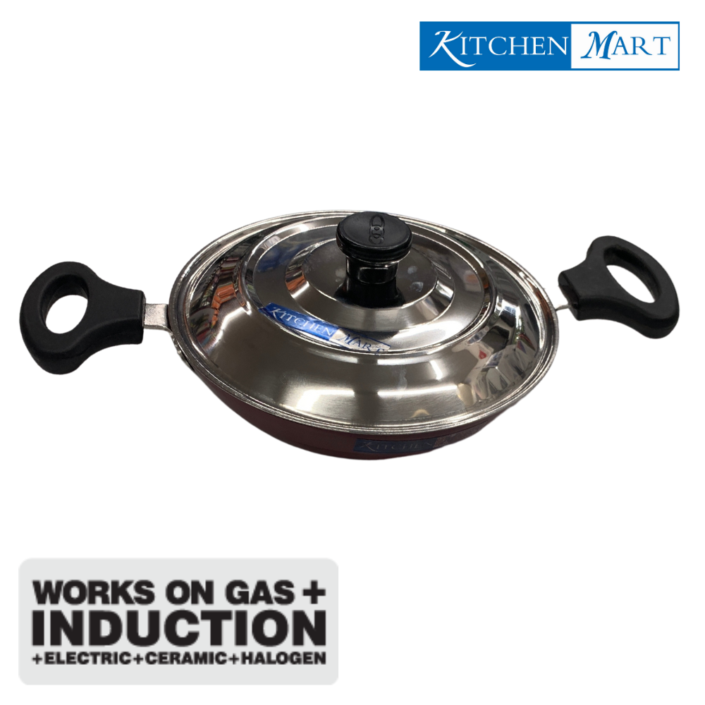 Kitchen Mart Non Stick Induction Base Paniyaram Pan 18 cms with 7 Holes (With Handles & steel lid)