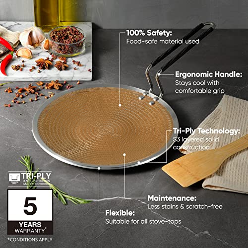BERGNER Hitech Giro Gold Triply Stainless Steel Scratch Resistant Non Stick Tawa/Roti Tawa, 26 cm, Induction Base, Food Safe (PFOA Free), 5 Years Warranty, Silver